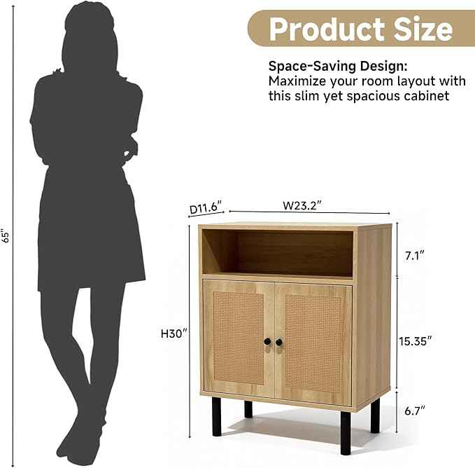 Narrow Storage Cabinet with Rattan Doors, 32" Tall Small Cabinet for Bathroom, Small Space Hallway Entryway, Free-Standing Sideboard for Laundry Room Kitchen, Easy Assembly(Dark Oak)