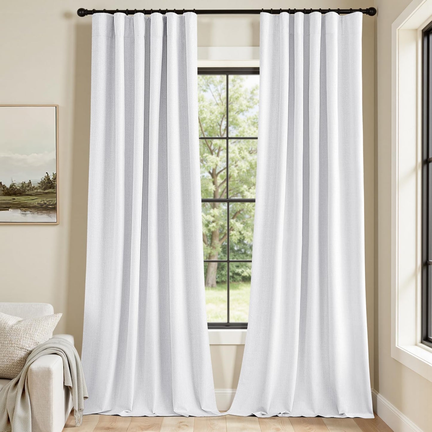 MIULEE 100% Blackout Curtains 120 Inch Long 2 Panels Set for Bedroom, Thick Faux Linen Black Out Curtain Room Darkening Back Tab Pleat Window Textured Drapes with Hooks for Living Room, Bright White