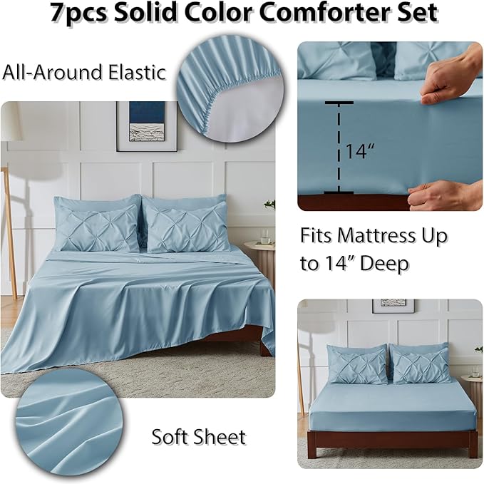 CozyLux Queen Comforter Set Light Blue, 7 Pieces Pintuck Bed in A Bag, Premium Blue Comforter Queen Size, Pinch Pleat Bedding Sets with Comforter, Sheets, Pillowcases & Shams