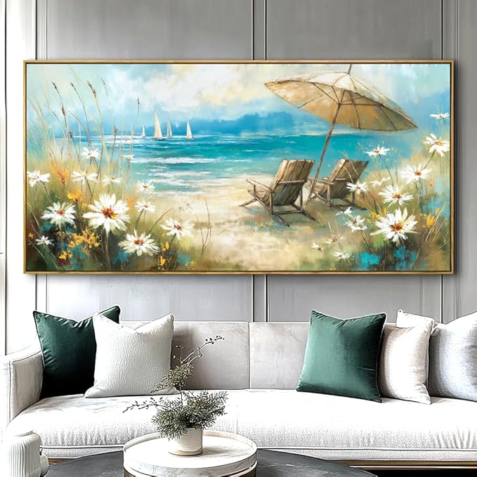 Beach Landscape Wall Art - Framed Modern Canvas Painting for Living Room, Bedroom Home Office Decor, 40x20 Inch Ready to Hang
