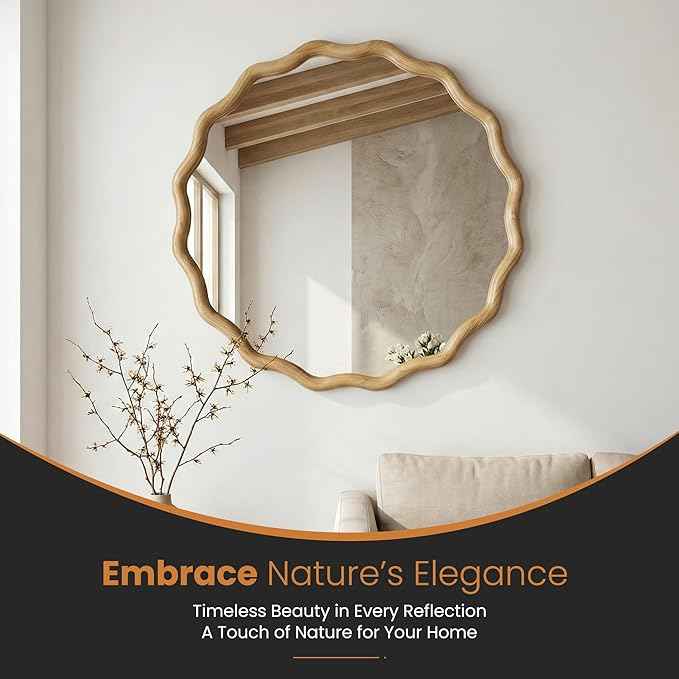 Round Wood Mirrors for Wall, 28" Boho Circle Wavy Mirror with Wooden Frame, Decorative Mirror with Tempered Glass, Natural Wooden Frame Vanity Mirror for Bedroom, Living Room, Entryway