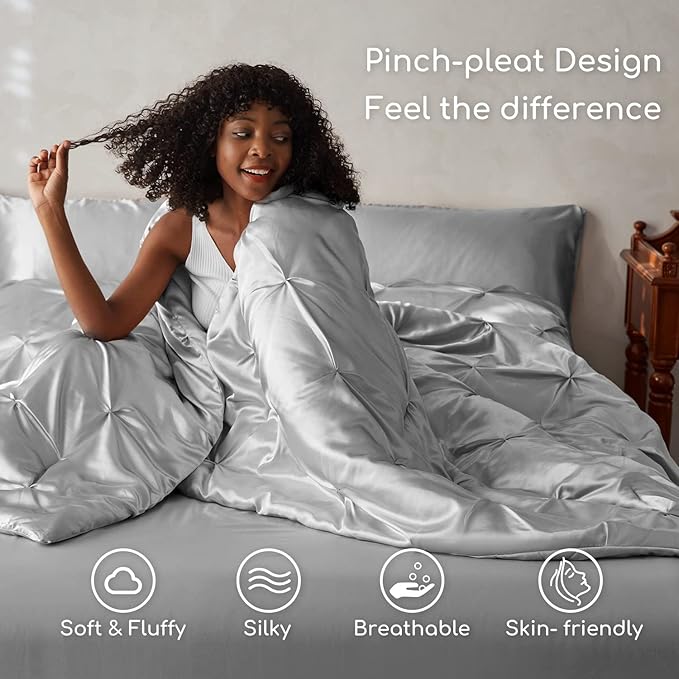 MR&HM Satin Comforter Full 7 Pieces - Luxurious Pinch Pleat Bedding Set with Comforter, Flat Sheet, Fitted Sheet, Pillowcases & Shams, Super Silky Soft Bed Set for All Season (Full, Silver Grey)