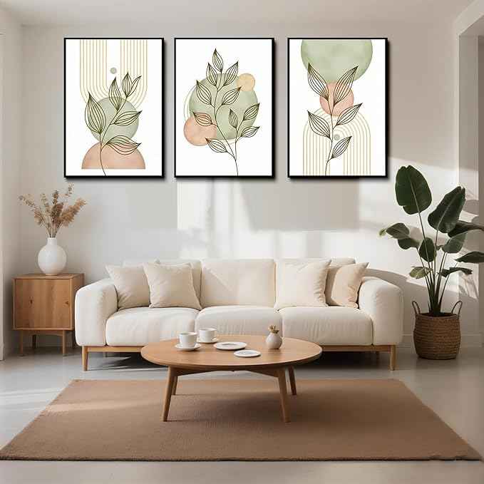 3Pcs Sage Green Boho Canvas Wall Art Modern PinkBotanical Posters Print Abstract With Leafr Pictures Wall Decoration For Living Room Bedroom Bathroom UnFramed