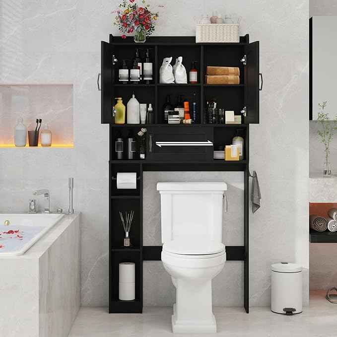 Vabches Farmhouse Over The Toilet Storage Cabinet with 2 Barn Doors & Sliding Door, Over The Toilet Bathroom Organizer with Open Storage Layer and Adjustable Shelves & Hooks.Black