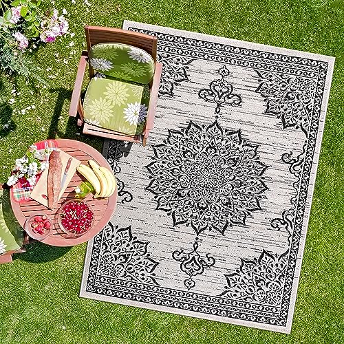 Outdoor Rug 5x7 Medallion White Black Modern Area Rugs for Indoor and Outdoor Patios