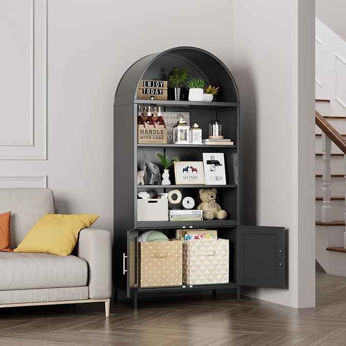Metal Arched Bookcase Cabinet,Wide Black Arched Bookshelf with 2 Adjustable Shelf for Home Office Living Room,Required Assembly,17.7" D x 35.5" W x 78.8" H