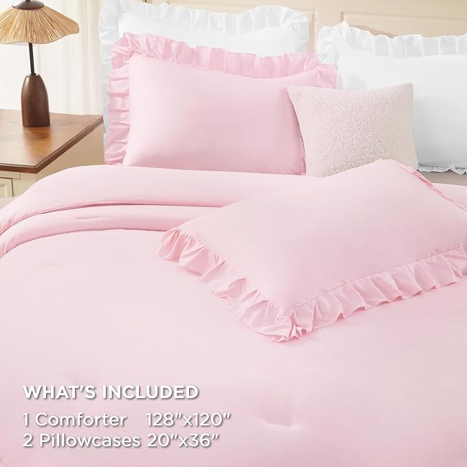 Andency Super King Plus Ruffle Comforter Set, 3 Pieces Cute Farmhouse Shabby Chic Bedding Set, Soft Lightweight Ruffled Oversized California King Comforter 128x120 (1 Comforter 2 Pillowcases), Pink