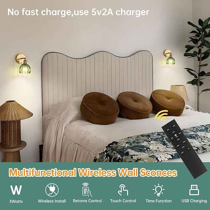 Battery Operated Vintage Wall Sconces with Green Tulip Glass Lampshade Battery Powered Wall Lighting for Bedside Bedroom Doorway, Set of 2