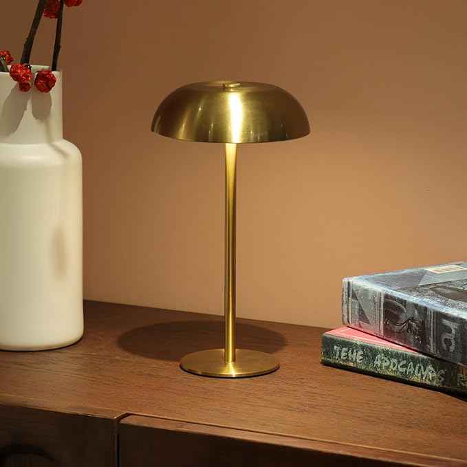 Portable Mushroom Table Lamp with 5200mAh Battery, 11'' Cordless LED Night Light with Stepless Dimming, 3 Color Modes & Adjustable Height for Bedroom/Patio/Bar Decor/Coffee Shop Ambiance (Gold-tall)
