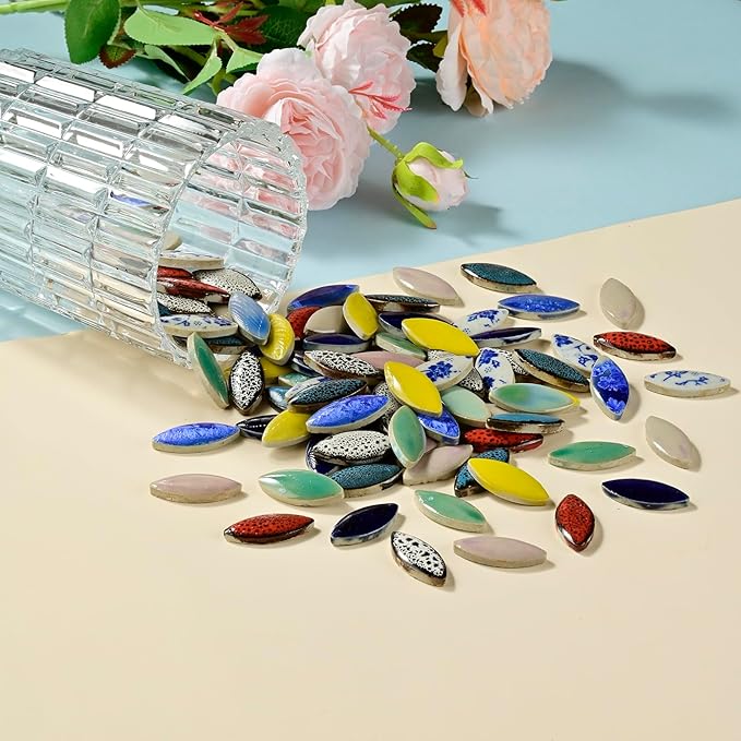 70 Pcs Petal Ceramics Mosaic Tiles for Crafts, Stained Ceramics Supplies, Flower Leaves Mosaic Pieces Kit for DIY Crafts Plates Picture Frames Home Decorations - Black