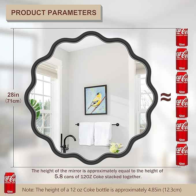 PROHOMEWARE Black Round Mirror 28 Inch Wavy Bathroom Vanity Mirror Gold Frame Modern Wall Mirror Decorative Wall-Mounte Anti-Rust, Tempered Glass