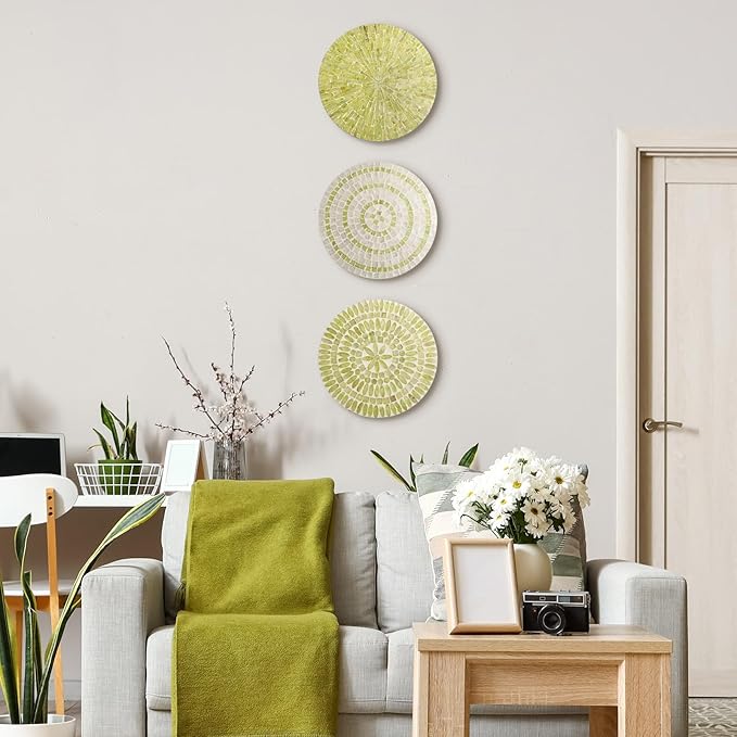 Tioncy 3 Pcs 11.8 Inches Spring Lime Green Mother of Pearl Shell Plate Lime Green Wall Art Mosaic Wall Sculpture Shell Handmade Hanging Plates Arts for Bedroom Bathroom Home Office Hotel