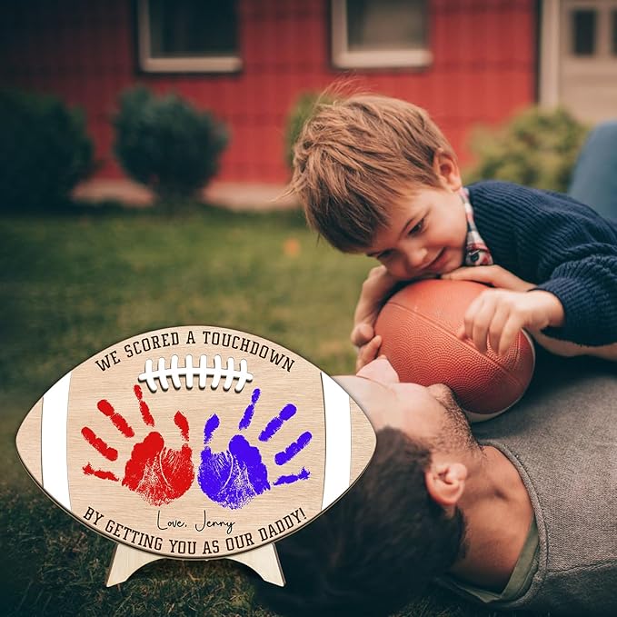 Custom Football Dad Gifts from Baby Handprint Sign, Baby First Fathers Day Wooden Keepsake for Football Daddy, DIY Hands Down Gift for Football Lovers Dad from Kids Art Craft Plaque, Birthday Dad Gift