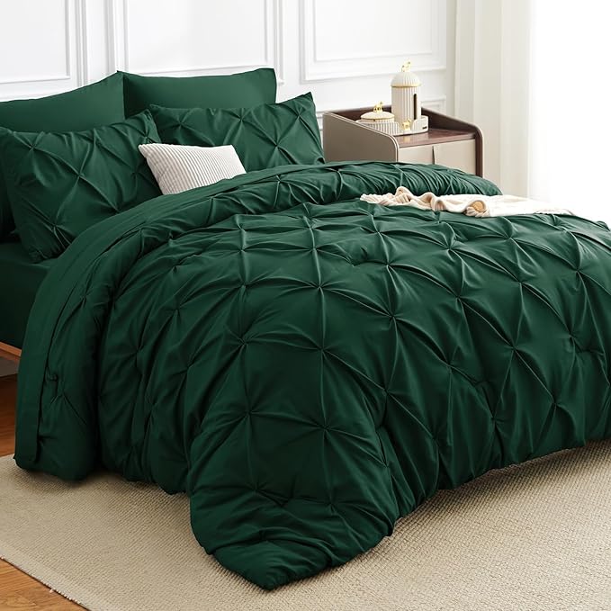 CozyLux King Size Comforter Set Emerald Green, 7 Pieces Pintuck Bed in A Bag Green Comforter King Size, Pinch Pleat Bedding Set with All Season Comforter, Sheets, Pillowcases & Shams