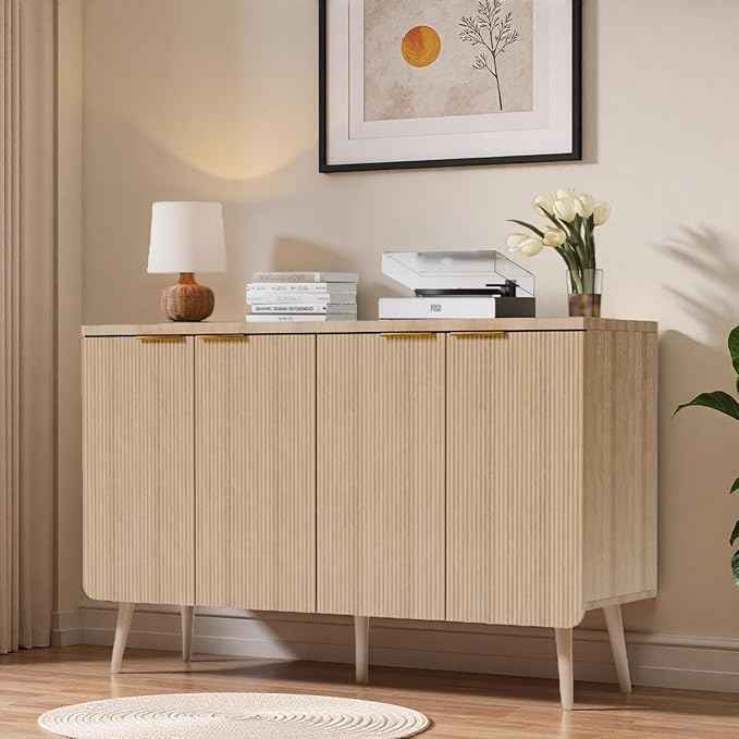 47.2" Modern Fluted Sideboard Cabinet with 4 Doors, Wood Storage Credenza with Shelves, Multi-Purpose Buffet Cabinet for Entryway, Dining & Living Room, Natural Wood