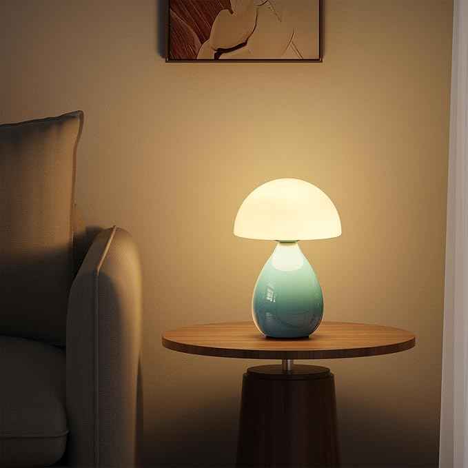 Mushroom Side Table Lamp, Mini Modern Lamp Small Vintage Table Bedside Nightstand Light, Small Light Dimmable for Bedroom, Living Room, Ceramic Base Glass Led Home Decor for Woman Gifts