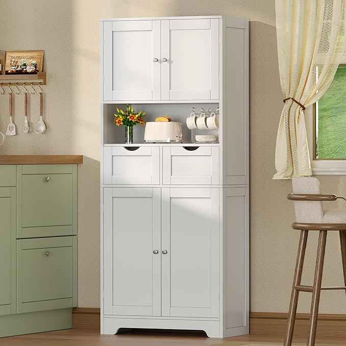 Iwell Tall Storage Cabinet with Adjustable Shelf & 2 Drawers, Kitchen Pantry Cabinet, Pantry Cabinets with 4 Doors, Tall Cabinets for Living Room, Kitchen, Bathroom, White