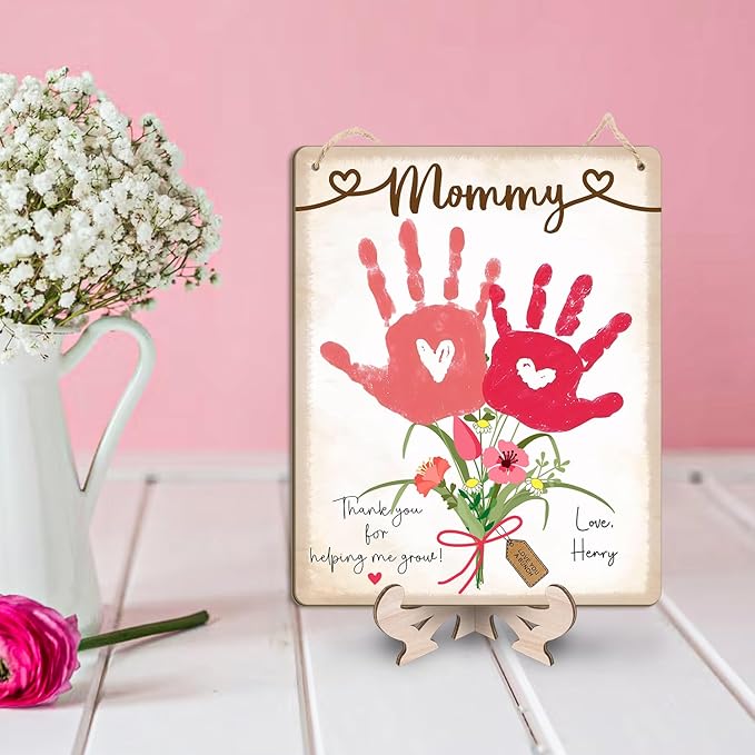 DIY Baby's First Mothers Day Handprint Flowers Hanging Sign, Pink Floral Bouquet for Mom Mommy with Kids Handprint Art Craft Keepsake Mothers Day Birthday Gifts for Mothers, Thanks for Helping Me Grow