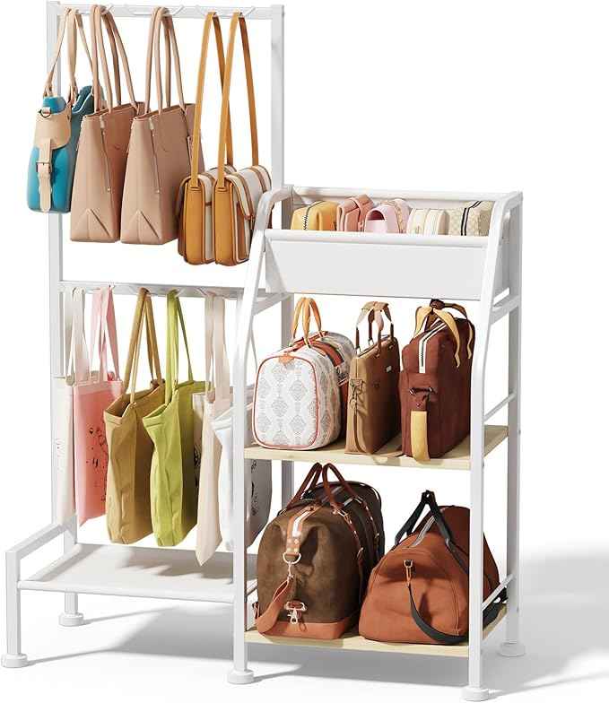 Purse Organizer for Women - 3-Tier Storage Stand & 12 Fixed Hooks, Visible Backpack Storage, Space-Saving Bag Organizer Rack for Home, Closet, White