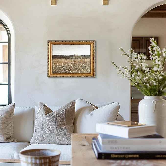 uniro Vintage Gold Framed Wall Art for Home Decor, Farmhouse Wall Decor Wildflower Field Landscape Canvas Artwork, Antique Landscape Oil Painting for Bedroom Wall Decor, Rustic Country Aesthetic Picture for Bathroom, Living Room, Desktop Decor - 12x16Inch