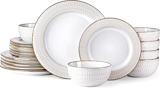 GBHOME Ceramic Dinnerware Sets,18 pcs Embossed Elegant Stoneware Plates and Bowls Sets, Housewarming Wedding Gift | Dishwasher & Microwave Safe | Dishes Set Service for 6