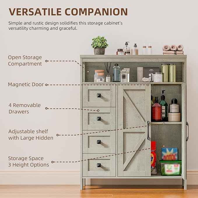 Farmhouse Storage Cabinet with 2 Doors and 4 Drawers, Freestanding Bathroom Storage Cabinet Kitchen Pantry Cabinet, Floor Cabinets Hutch Cupboard for Kitchen/Living Room/Bathroom.Grey Oak.
