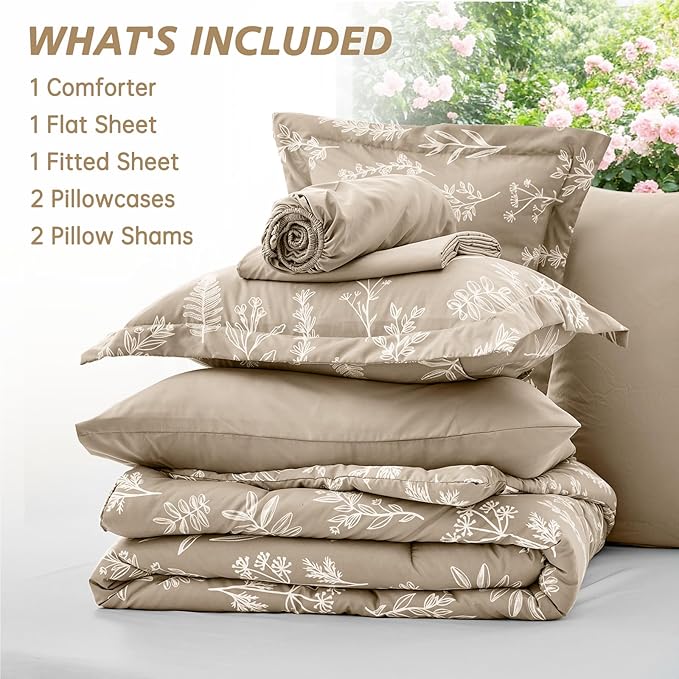 MUXHOMO Taupe Full Comforter Set, Elegant Floral Print Bed in a Bag 7 Pieces, Ultra Soft & Breathable Reversible Botanical Pattern Bedding Set with Comforter, Sheets, Pillowcases, and Shams