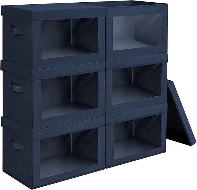 Stackable Storage Bins with Lids - Large Storage Box with Lids, Foldable Closet Boxes for Organizing, Wardrobe Clothes Organizer with Window, Cubes Bins for Living Room, 6 Pack, Navy Blue
