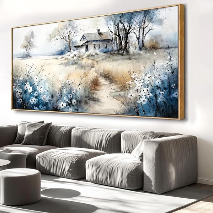 Watercolor Landscape Art Wall Art - Framed Modern Canvas Painting for Living Room, Bedroom Home Office Decor, 48x24 Inch Ready to Hang