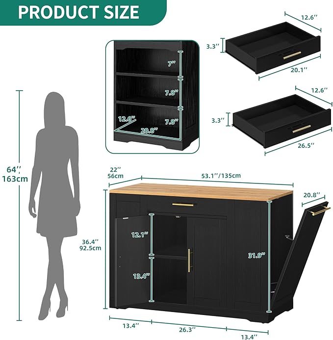 YITAHOME 53 Inch Large Rolling Kitchen Island with Trash Can Storage Cabinet, Portable Mobile Islands Table Long Floating Movable w Wheels Cabinet for 13 Gallon Garbage Bin 2 Drawer, Black