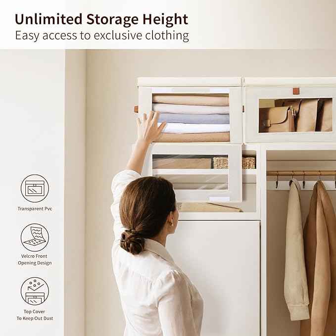 Small Fabric Storage bins - Collapsible Storage Bins with Open Window, 6 Pack Closet Baskets for Shelves, Stackable Decorative Boxes for Home, Dorm, Beige, 13.7"x 9.8" x 9.8"