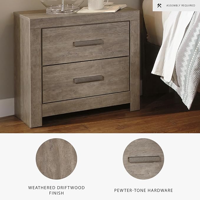 Signature Design by Ashley Culverbach Modern 2 Drawer Nightstand with 2 USB Charging Stations, 24.37" Tall, Weathered Gray