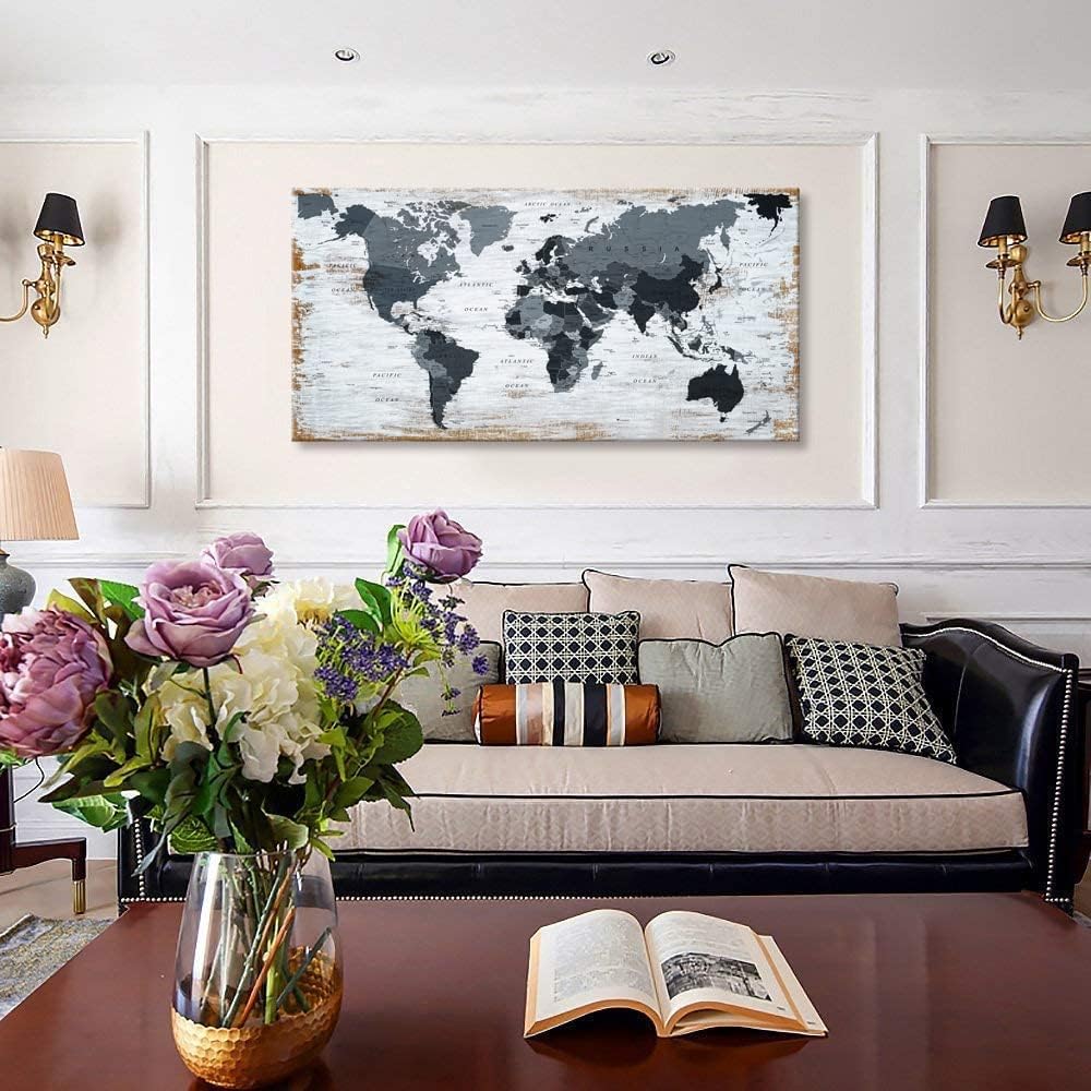 us Map of The United States Wall Decor Map Canvas Wall Art for Wall Decoration Wood Background USA Canvas Prints for Bedroom Office Kitchen Home Wall Decor Framed Artwork Ready to Hang (30x60inch, BLACK MAP)