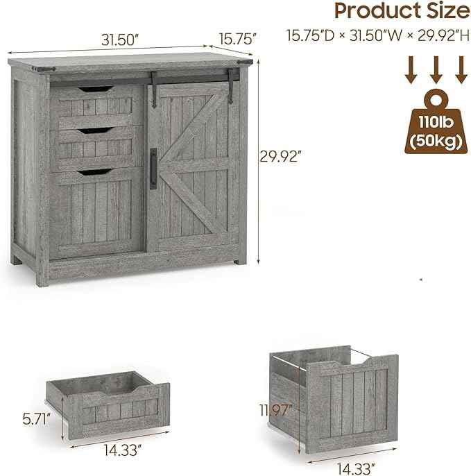 Vabches Lateral File Cabinets with Adjustable Shelf, Farmhouse Filing Cabinet for Home Office, Filing Organization Storage Cabinets with Sliding Barn Door for Hanging Files Letter/A4.