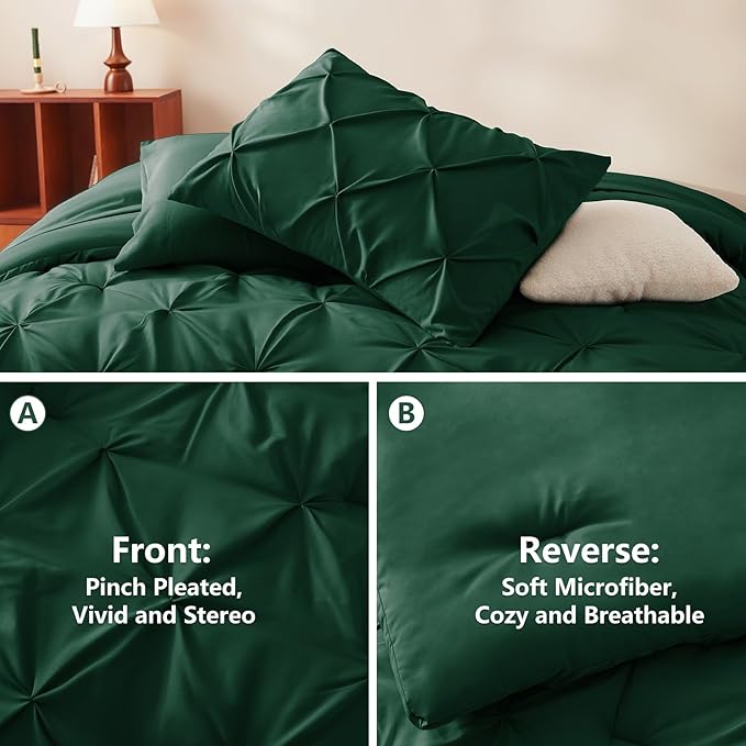 CozyLux King Size Comforter Set Emerald Green, 7 Pieces Pintuck Bed in A Bag Green Comforter King Size, Pinch Pleat Bedding Set with All Season Comforter, Sheets, Pillowcases & Shams
