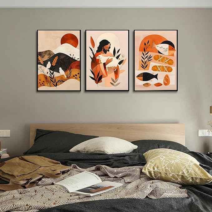 3Pcs Jesus Canvas Wall Art Boho Retro Art Home Posters Prints Jesus Feeds The 5000 Christian Abstract Pictures Wall Decor for Living Room Bedroom Church Decoration Unframed