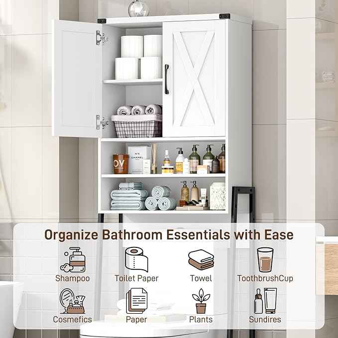 Vabches Over The Toilet Storage Cabinet, Farmhouse Over Toilet Storage Cabinet, Metal Frame with 2 Barn Doors, Home Space-Saving Toilet Rack for Bathroom, Toilet, Laundry Room