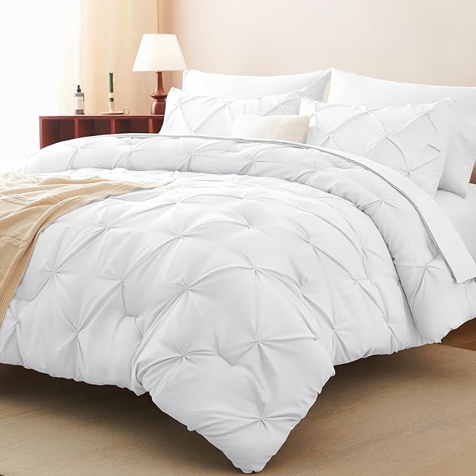 CozyLux King Size Comforter Set White, 7 Pieces Pintuck Bed in A Bag White Comforter King Size, Pinch Pleat Bedding Set with All Season Comforter, Sheets, Pillowcases & Shams