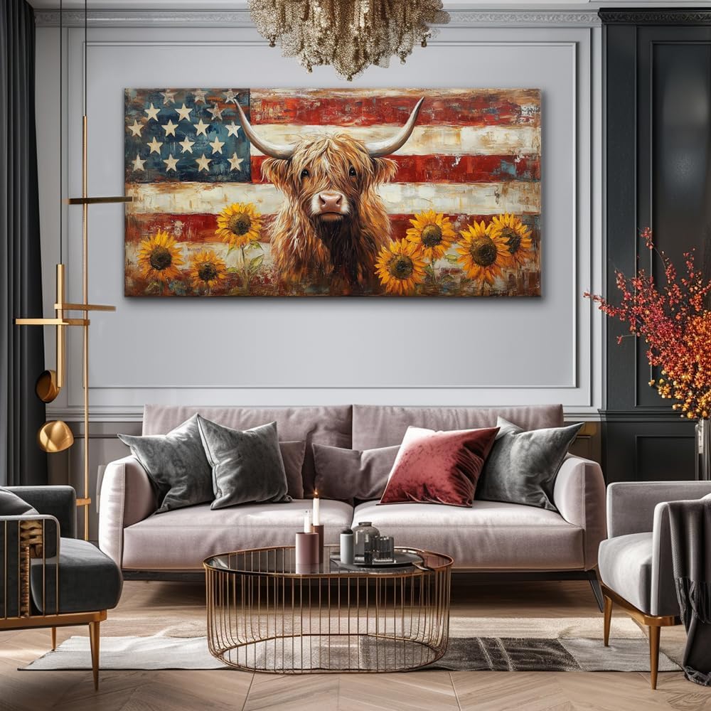 LASMOND Country Highland Cow Wall Art for Living Room Rustic Retro Vintage American Flag Sunflower Canvas Painting Prints Highland Cattle Artwork Farmhouse Bedroom Office Decor (58x28 Inches)