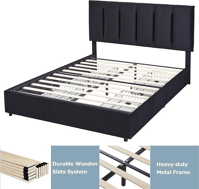 VECELO Queen Size Bed Frame with 4 Storage Drawers, Adjustable Height Headboard, Heavy-Duty Platform Bedframe with Strong Wooden Slats, No Box Spring Needed, Black
