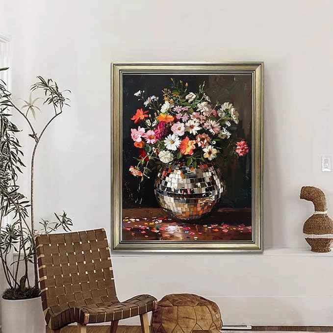 Disco Ball Wall Decor, Vintage Framed Colorful Moody Florals Wall Art, Maximalist Funky Flowers Bouquet Print Poster, Retro Eclectic Wall Art Painting