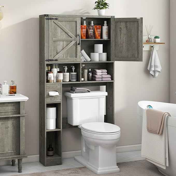 Vabches Over The Toilet Storage Cabinet, Farmhouse Storage Cabinet Over Toilet with 2 Barn Doors & Toilet Paper Holder Stand，Home Space-Saving Toilet Rack, for Laundry, Bathroom, Restroom.Grey Oak