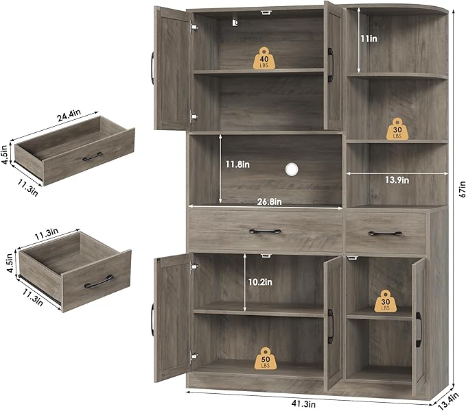 67" Kitchen Pantry Cabinet, Modern Kitchen Hutch with 5 Doors and 2 Drawers, 3-Tier External Shelf, Large Pantry Storage Cabinet with Microwave Stand for Dining Room, Ash Gray