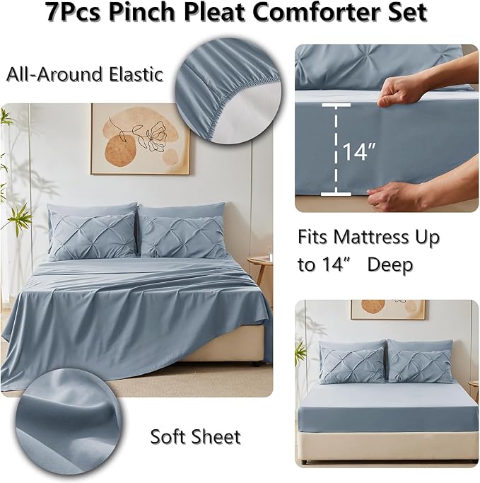 CozyLux King Size Comforter Set Grayish Blue, 7 Pieces Pintuck Bed in A Bag Blue Comforter King Size, Pinch Pleat Bedding Set with All Season Comforter, Sheets, Pillowcases & Shams