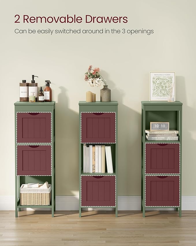 VASAGLE Storage Cabinet, Storage Organizer Rack Stand for Bathroom, Living Room, Bedroom, Multifunctional Corner Unit, 2 Drawers, 35 Inches in Height, Forest Green UBBC042C01