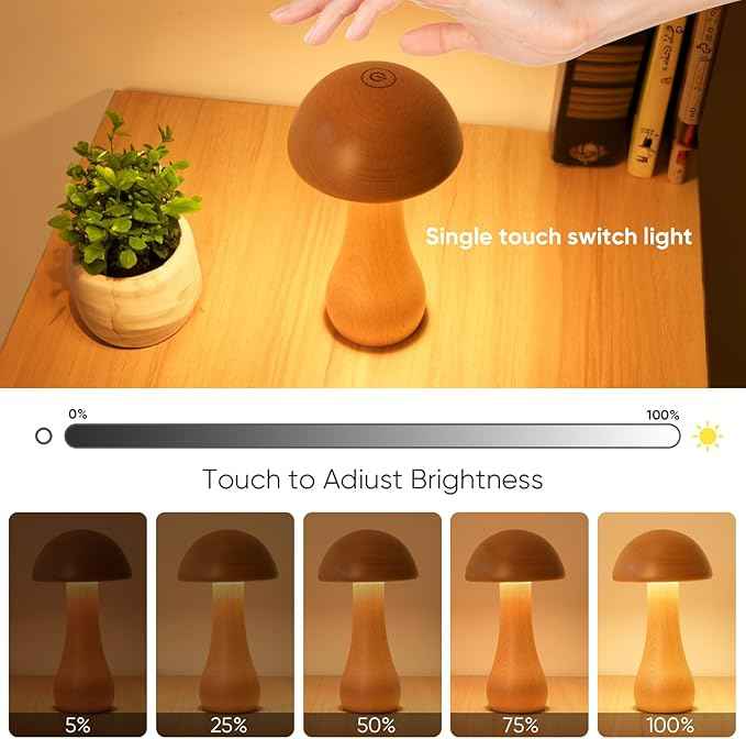 Mushroom Lamp Set of 2, Portable Touch Switch Cordless Bedroom Lamps Set of 2, Rechargeable Battery Operated Night Light, Stepless Dimming, 360 Degree Rotation Table Lamps for Ideal Gifts