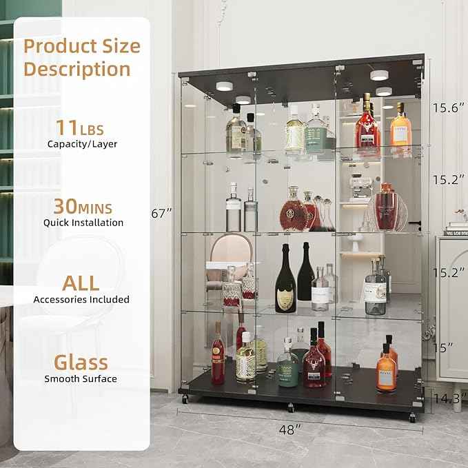 Beauty4U Glass Display Cabinet with LED Lights and Mirror, Extra Large 3 Columns 2 Doors Curio Cabinets with 12 Shelves for Living Room, Bedroom, Office, Black Floor Standing Bookshelf