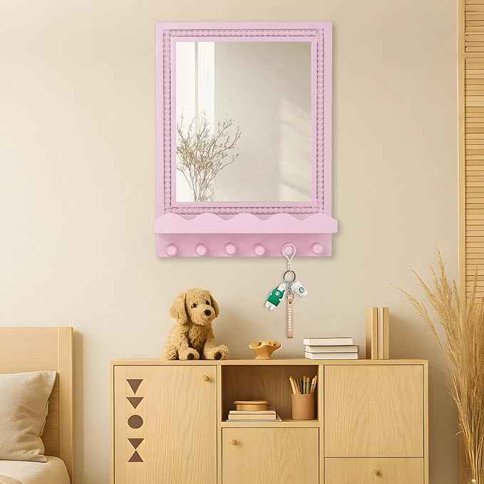 Tirzah 16x12 Inch Wall Mount Beaded Wood Framed Mirror with Shelf and 6 Hooks, Pink Decorative Entryway Mirror with Storage for Laundry Room, Bathroom, Bedroom