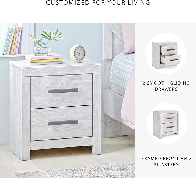 Signature Design by Ashley Cayboni Casual Nightstand with Framed Front and Pilasters, 2 Storage Drawers, Large Black Handles, Wood, 24.37" High, White