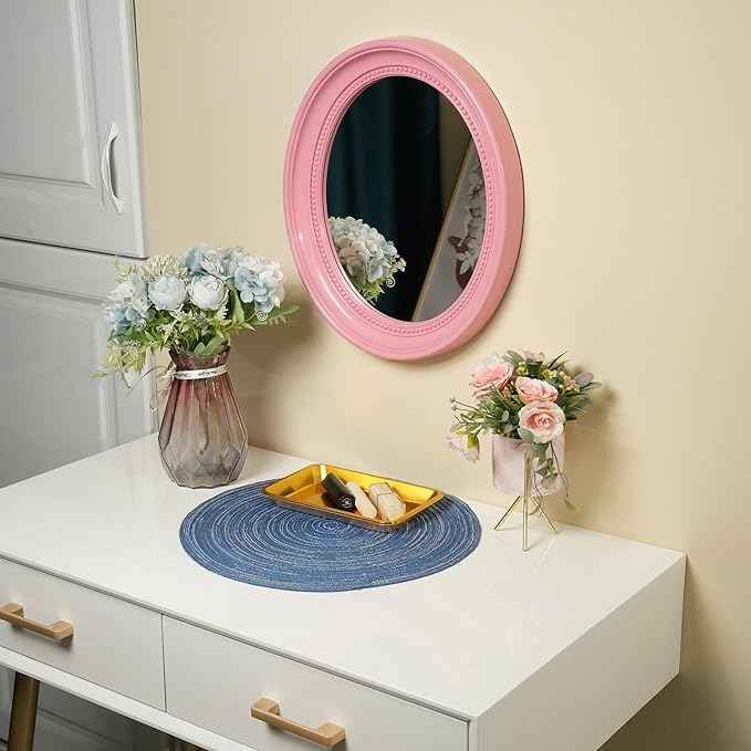 Funerom Oval Bathroom Mirror Bedroom Mirror wall Mirror (Pink, 15.2" L x 13.2" W)